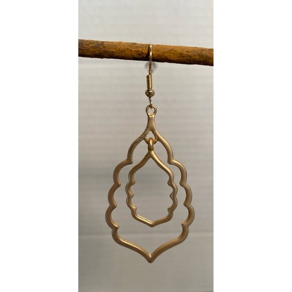 Gold Toned Double Drop Earrings Open Frame Lightweight Casual or Formal - Picture 5 of 8